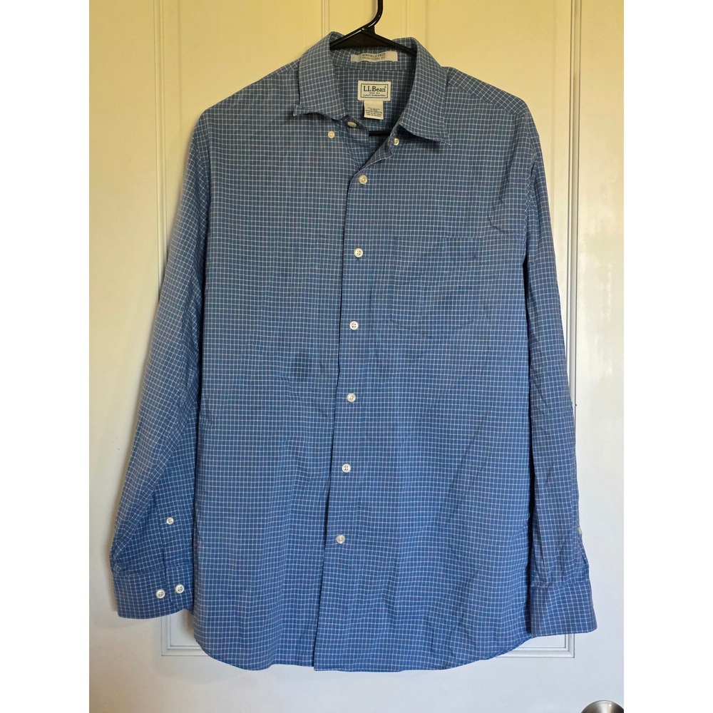 L.L. Bean Mens Blue White Micro Grid Check Button Down Shirt M Reg 285275 Read